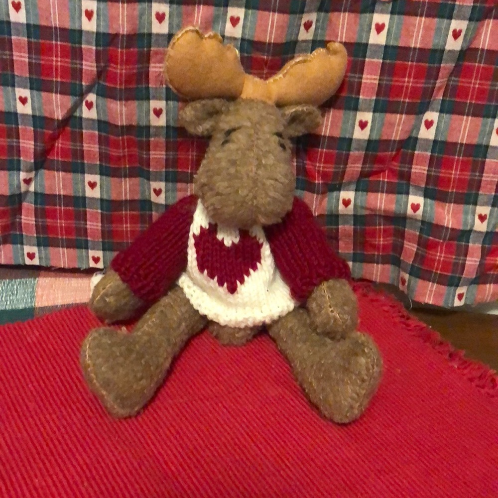 Hand sewn/crafted stuffed moose w/ heart sweater